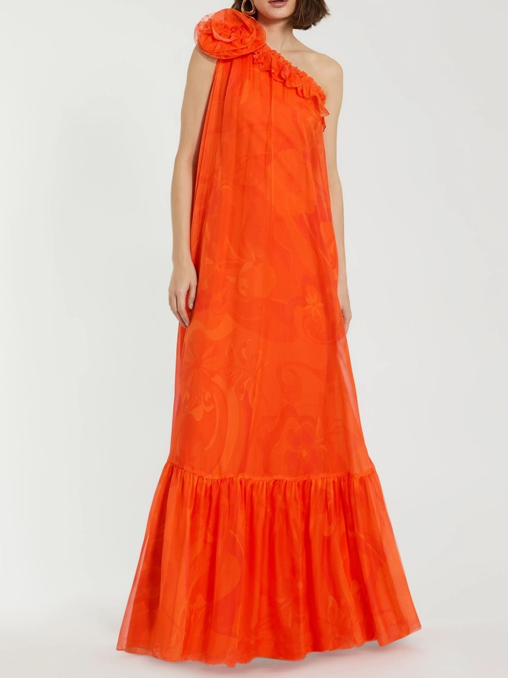 One Shoulder Rose Ruffle Maxi Dress
